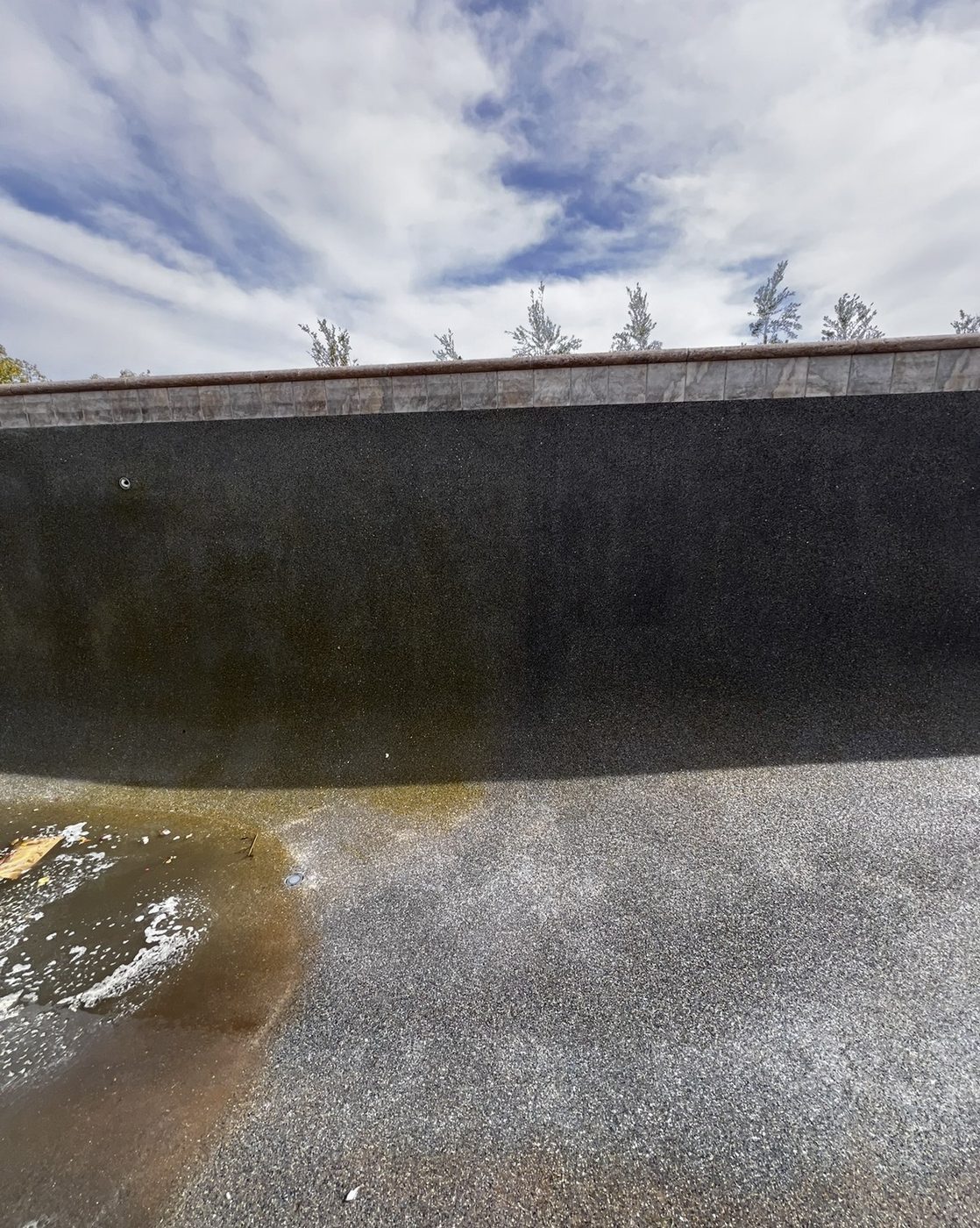 Drained Las Vegas pool with algae stains, calcium deposits, and murky residual water before acid wash